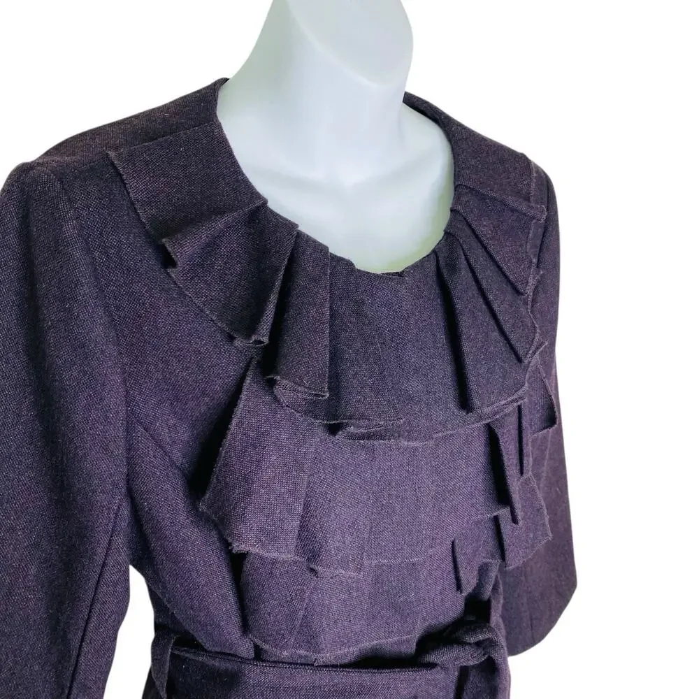 Ann Taylor Loft Jacket Women 12 Plum Wool Blend Ruffle Pleated Neck Belted Lined